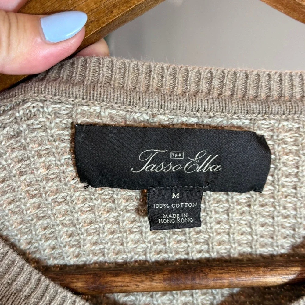 Tasso Elba Sweater Mens‎ Medium Tan Textured V-Neck 100% Cotton Pullover Knit